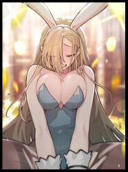 Rule 34 | 1girl, absurdres, animal ears, asuna (blue archive), asuna (bunny) (blue archive), bare shoulders, blonde hair, blue archive, blue leotard, blurry, blush, breasts, brown pantyhose, cleavage, closed eyes, collarbone, eyes visible through hair, fake animal ears, gloves, hair over one eye, highres, implied sex, large breasts, leotard, looking at viewer, mole, mole on breast, movik, official alternate costume, open mouth, pantyhose, playboy bunny, rabbit ears, saliva, teeth, torn clothes, torn pantyhose, upper teeth only, white gloves