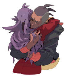 Rule 34 | 2boys, black hoodie, blush, brown hair, closed eyes, closed mouth, commentary request, creatures (company), dark-skinned male, dark skin, game freak, gym leader, highres, hood, hoodie, hug, korean commentary, leon (pokemon), long hair, male focus, multiple boys, nintendo, pokemon, pokemon swsh, purple hair, raihan (pokemon), redlhzz, simple background, sleeves rolled up, tailcoat, undercut, white background