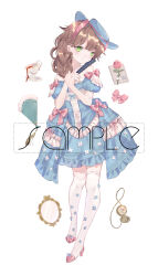 Rule 34 | 1girl, blue bow, blue dress, blue flower, blue hat, blue sleeves, blunt bangs, bow, braid, brown hair, chain, closed mouth, collarbone, commentary, commentary request, cup, dress, dress bow, dress flower, english commentary, flower, folding fan, footwear bow, frilled dress, frilled socks, frills, frown, full body, fur trim, gold chain, green eyes, hair over shoulder, hand fan, hand on hand, hands on own chest, hat, hat ribbon, high heels, highres, holding, holding fan, letter, light blush, lolita fashion, long hair, looking at viewer, mirror, mixed-language commentary, off-shoulder dress, off shoulder, original, over-kneehighs, pink bow, pink flower, pink footwear, pink ribbon, pink rose, pocket watch, puffy short sleeves, puffy sleeves, ribbon, rose, sample watermark, saucer, short dress, short sleeves, simple background, single braid, sleeve bow, socks, solo, spill, tape, tea, teacup, thighhighs, watch, watermark, white background, white flower, white socks, yuzhi