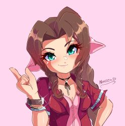 Rule 34 | 1girl, aerith gainsborough, aqua eyes, artist name, bracelet, braid, braided ponytail, brown hair, closed mouth, commentary, cropped jacket, dress, english commentary, final fantasy, final fantasy vii, hair ribbon, highres, index finger raised, jacket, jewelry, long hair, looking at viewer, necklace, nin10ja, parted bangs, pink background, pink dress, pink ribbon, red jacket, ribbon, short hair, sidelocks, signature, simple background, single braid, smile, solo, sparkle, square enix, upper body