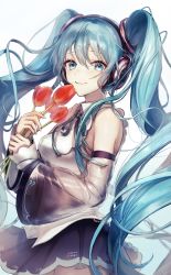 Rule 34 | 1girl, absurdres, bare shoulders, black skirt, blouse, blue eyes, blue hair, blue ribbon, closed mouth, collared shirt, commentary, cowboy shot, detached sleeves, flower, hatsune miku, hatsune miku (nt), headphones, highres, holding, holding flower, long hair, neck ribbon, pipi, pleated skirt, red flower, red tulip, ribbon, see-through, see-through sleeves, shirt, simple background, skirt, sleeveless, sleeveless shirt, smile, solo, tulip, twintails, vocaloid, white background, white shirt