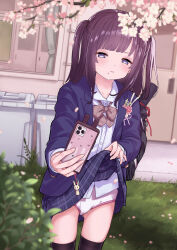 Rule 34 | 1girl, bag, black thighhighs, blazer, blush, bow, bowtie, brown hair, cellphone, charm (object), cherry blossoms, clothes lift, collared shirt, cowboy shot, dakimakura (ofin), grass, grey eyes, highres, holding, holding phone, jacket, lifted by self, long hair, mole, mole under mouth, open clothes, open jacket, original, outdoors, panties, phone, school, school bag, school uniform, shirt, skirt, skirt lift, smartphone, solo, taking picture, thighhighs, two side up, underwear, white panties, white shirt