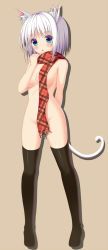 Rule 34 | 1girl, :o, animal ears, black thighhighs, blue eyes, blush, breasts, brown background, cat ears, cat tail, groin, highres, korotan, naked scarf, nude, original, plaid, plaid scarf, scarf, short hair, silver hair, solo, tail, thighhighs