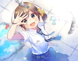 Rule 34 | 1girl, :d, blue necktie, blue skirt, blush, brown hair, child, collared shirt, commentary request, feathers, from above, grey eyes, hair ribbon, hand up, kuga tsukasa, looking at viewer, looking up, necktie, open mouth, original, pleated skirt, puddle, ribbon, round teeth, school uniform, shirt, short sleeves, side ponytail, skirt, smile, solo, teeth, uniform, white shirt, wing collar
