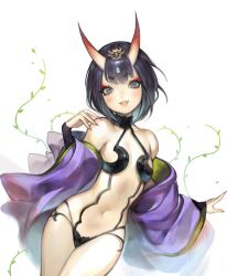 Rule 34 | 1girl, bare shoulders, black hair, breasts, demon girl, eyeshadow, fang, fate/grand order, fate (series), grey eyes, hair ornament, highres, horns, lingerie, long sleeves, looking at viewer, makeup, nail polish, navel, oni, open mouth, short eyebrows, short hair, shuten douji (fate), shuten douji (first ascension) (fate), skin-covered horns, skinny, small breasts, smile, straight hair, underwear, upper body, viorie