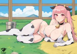 Rule 34 | 1girl, animal ears, animal print, arm under breasts, artist logo, bare shoulders, bell, bikini, blue sky, blush, breasts, bucket, closed mouth, cloud, cow ears, cow horns, cow print, cow print bikini, cow print gloves, cow print thighhighs, cowbell, day, elbow gloves, fake animal ears, fake horns, farm, feet out of frame, fence, fire emblem, fire emblem: three houses, gloves, grass, hay, hilda valentine goneril, horns, kaos art, large breasts, long hair, looking at viewer, lying, mountain, navel, neck bell, nintendo, on side, outdoors, paid reward available, patreon username, pink eyes, pink hair, print bikini, print gloves, print thighhighs, rock, sky, smile, solo, string bikini, swimsuit, thighhighs, twintails, twisted torso, wooden fence