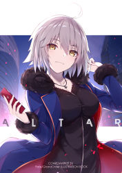 Rule 34 | 1girl, absurdres, bee doushi, black dress, blue jacket, blue sky, blush, breasts, brown eyes, building, cellphone, copyright name, covered navel, day, dress, fate/grand order, fate (series), fur-trimmed jacket, fur-trimmed sleeves, fur trim, grey hair, hair between eyes, hand up, highres, holding, holding phone, jacket, jeanne d&#039;arc (fate), jeanne d&#039;arc alter (fate), jeanne d&#039;arc alter (ver. shinjuku 1999) (fate), jewelry, long sleeves, medium breasts, official alternate costume, open clothes, open jacket, pendant, phone, sky, skyscraper, solo, wicked dragon witch ver. shinjuku 1999