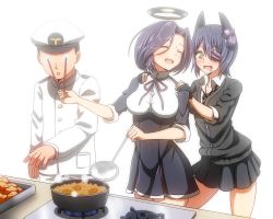 Rule 34 | 10s, 1boy, 2girls, ^ ^, admiral (kancolle), breasts, checkered clothes, checkered necktie, checkered neckwear, chopsticks, closed eyes, cooking, covered navel, dress, drooling, eye poke, eyepatch, faceless, faceless male, fingerless gloves, fried chicken, gloves, halo, hands on another&#039;s shoulders, hat, headgear, kantai collection, large breasts, mechanical halo, military, military uniform, miniskirt, multiple girls, naval uniform, necktie, no legwear, oil, open mouth, partially fingerless gloves, personification, pleated skirt, poking, purple hair, ribbon, shinori, short dress, short hair, simple background, skirt, sneaking food, stove, tatsuta (kancolle), tenryuu (kancolle), uniform, white background, yellow eyes