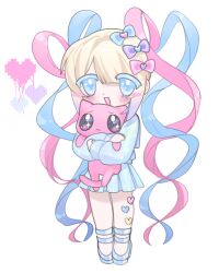 Rule 34 | 1girl, :d, animal, black eyes, blonde hair, blue bow, blue eyes, blue footwear, blue hair, blue shirt, blue skirt, blush, bow, cat, chibi, chouzetsusaikawa tenshi-chan, closed mouth, emoji, frown, full body, hair bow, hair ornament, heart, heart hair ornament, highres, holding, holding animal, holding cat, long hair, long sleeves, looking at viewer, mokiette, multicolored hair, multiple hair bows, needy girl overdose, open mouth, pink bow, pink hair, pixel heart, platform footwear, pleading face emoji, pleated skirt, purple bow, quad tails, school uniform, serafuku, shirt, skirt, smile, solo, sparkle, standing, twintails, very long hair, white background