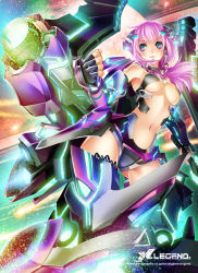 Rule 34 | 1girl, armor, breasts, cannon, center opening, mecha musume, moriyama yuuki, pink hair, planet, purple eyes, revealing clothes, underboob, weapon, x legend