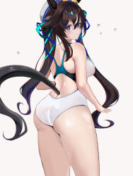 Rule 34 | 1girl, absurdres, animal ears, ass, ass focus, blue eyes, blue ribbon, brown hair, commentary, competition swimsuit, from behind, hair between eyes, hair ribbon, highres, horse ears, horse girl, long hair, looking at viewer, looking back, one-piece swimsuit, ribbon, simple background, solo, swimsuit, twintails, umainu 2002, umamusume, vivlos (umamusume), white background, white headwear