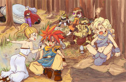 Rule 34 | 1990s (style), 2boys, 3girls, ayla (chrono trigger), chrono (series), chrono trigger, crono (chrono trigger), epoch, everyone, forest, frog (chrono trigger), lucca ashtear, magus (chrono trigger), marle (chrono trigger), multiple boys, multiple girls, nature, outdoors, retro artstyle, robo (chrono trigger), square enix, tree