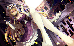 Rule 34 | 1girl, adapted costume, alternate eye color, backlighting, blonde hair, breasts, building, choker, chromatic aberration, cleavage, corset, crossed legs, day, dress, elbow gloves, feet, foreshortening, frilled choker, frilled dress, frills, gloves, hair between eyes, hat, hat ribbon, highres, iwashi (nisankatanso), kiseru, long hair, long legs, medium breasts, mob cap, no shoes, outdoors, perspective, petals, plant, pointing, puffy short sleeves, puffy sleeves, red eyes, reflection, ribbon, ribbon-trimmed legwear, ribbon trim, shiny skin, short dress, short sleeves, sitting, smile, smoking pipe, solo, stream, sunlight, thighhighs, thighs, toe-point, toes, touhou, very long hair, vines, water, white gloves, white thighhighs, yakumo yukari