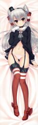 Rule 34 | 10s, 1girl, absurdres, amatsukaze (kancolle), bed sheet, breasts, cameltoe, choker, dakimakura (medium), full body, garter straps, gloves, hairband, hand on own chest, hat, high heels, highres, huge filesize, kantai collection, legs, looking at viewer, lying, mini hat, navel, on back, open mouth, panties, red thighhighs, santa matsuri, side-tie panties, silver hair, single glove, small breasts, solo, string panties, suspenders, thighhighs, twintails, two side up, underwear, white gloves, white panties