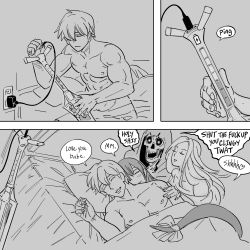 Rule 34 | 2boys, 2girls, bb (baalbuddy), bed, charger, closed eyes, collarbone, couple, dizzy (guilty gear), english text, greyscale, guilty gear, hetero, highres, husband and wife, ky kiske, long hair, monochrome, multiple boys, multiple girls, necro (guilty gear), nipples, pectorals, pillow, profanity, saliva, short hair, sleeping, speech bubble, sword, tail, tail wrap, undine (guilty gear), weapon