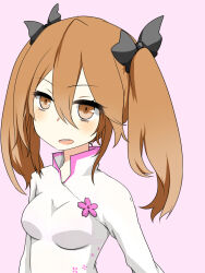 Rule 34 | 1girl, alternate hair length, alternate hairstyle, black bow, bow, bra visible through clothes, breasts, brown eyes, brown hair, commentary request, dress, floral print, hair between eyes, hair bow, highres, i.u.y, light blush, long hair, looking at viewer, medium breasts, misaka worst, open mouth, see-through, see-through dress, simple background, solo, teeth, toaru majutsu no index, toaru majutsu no index: new testament, twintails, upper body, upper teeth only, vietnamese dress, white dress