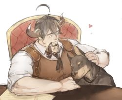 Rule 34 | 1boy, arbbun, bara, collared shirt, commentary request, dog, draph, facial hair, goatee, granblue fantasy, heart, horns, large pectorals, male focus, mature male, muscular, muscular male, pectoral press, pectorals, petting, pipe in mouth, shirt, short hair, sitting, sleeves rolled up, smile, smoking pipe, solo, upper body