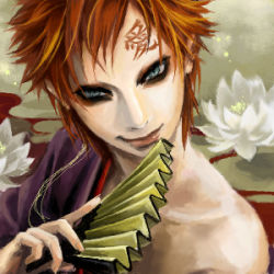 Rule 34 | 1boy, artist request, eyeliner, eyeshadow, facial mark, hand fan, gaara (naruto), lowres, makeup, male focus, naruto, naruto (series), painterly, red hair, solo, source request