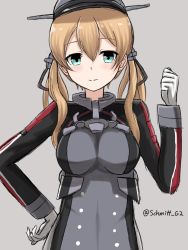 Rule 34 | 10s, 1girl, anchor hair ornament, blonde hair, blush, fist pump, gloves, green eyes, hair ornament, hand on own hip, hat, highres, kantai collection, long sleeves, looking at viewer, md5 mismatch, military, military hat, military uniform, peaked cap, prinz eugen (kancolle), resized, simple background, solo, twintails, uniform, upper body, white gloves, yakob labo