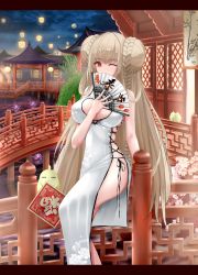 Rule 34 | 1girl, absurdres, architecture, azur lane, bad id, bad pixiv id, bare shoulders, braid, braided bun, breasts, center opening, chinese clothes, cleavage, double bun, dress, east asian architecture, feet out of frame, floral print, flower, folding fan, formidable (azur lane), hair bun, hand fan, highres, holding, holding fan, large breasts, long hair, looking at viewer, manjuu (azur lane), one eye closed, outdoors, pink flower, red eyes, side-tie dress, side slit, sitting, sleeveless, sleeveless dress, solo, thighs, tina (tinafya), very long hair, white dress