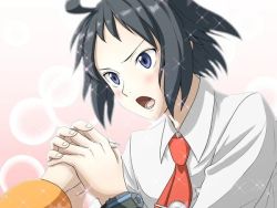 Rule 34 | 1boy, 1girl, bad id, bad pixiv id, bianca (pokemon), black hair, blue eyes, blush, cheren (pokemon), collared shirt, creatures (company), dicembre04, game freak, hetero, holding hands, jacket, looking at another, male focus, necktie, nintendo, open mouth, orange jacket, pink background, pokemon, pokemon bw2, shirt, xtransceiver
