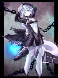 Rule 34 | 10s, 1girl, abyssal ship, breasts, cannon, chain, cleavage, glowing, glowing eyes, grin, hood, kantai collection, long sleeves, navel, open mouth, pale skin, pink eyes, re-class battleship, scarf, small breasts, smile, solo, sumapan, teeth