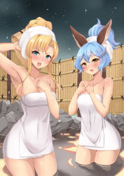 Rule 34 | 2girls, absurdres, blonde hair, blue eyes, blue hair, blush, breasts, collarbone, embarrassed, erune, ferry (granblue fantasy), granblue fantasy, hair ornament, highres, long hair, looking at viewer, multiple girls, naked towel, nude, onsen, onsen symbol, open mouth, partially submerged, pm tii (matuko1024), simple background, steam, towel, water, water spring, wet, yellow eyes, zeta (granblue fantasy)