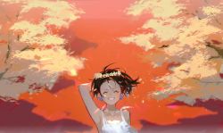 Rule 34 | 1girl, arms up, bare arms, bare shoulders, black hair, collarbone, dress, earrings, closed eyes, fang, head wreath, highres, jewelry, lens flare, original, outdoors, red background, short hair, sleeveless, sleeveless dress, smile, solo, tree, upper body, white dress, wide shot, zhanjin