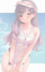 Rule 34 | 1girl, ass, blush, breasts, cleavage, collarbone, competition swimsuit, covered navel, eyewear on head, gameso, gluteal fold, grey hair, highres, idolmaster, idolmaster shiny colors, letterboxed, long hair, looking at viewer, medium breasts, one-piece swimsuit, purple eyes, smile, solo, swimsuit, tinted eyewear, very long hair, visor cap, watch, whistle, whistle around neck, white one-piece swimsuit, wristwatch, yukoku kiriko