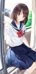 Rule 34 | 1girl, blue sailor collar, blue skirt, blurry, blurry background, blush, bow, brown hair, closed mouth, commentary request, day, depth of field, feet out of frame, grey eyes, hand up, highres, indoors, looking at viewer, open window, original, pentagon (railgun ky1206), pleated skirt, red bow, sailor collar, school uniform, serafuku, shirt, short sleeves, sitting, sitting in window, skirt, smile, socks, solo, white shirt, white socks, window