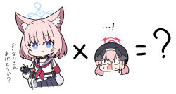 Rule 34 | &lt;|&gt; &lt;|&gt;, ...!, 2girls, ?, animal ear fluff, animal ears, armband, beret, black headwear, black wings, blue archive, blue eyes, blue sailor collar, blue skirt, blush, closed mouth, feathered wings, hair between eyes, halo, hand up, hat, head wings, koharu (blue archive), long sleeves, low twintails, multiple girls, neckerchief, niko (blue archive), nyaru (nyaru 4126), pink hair, pleated skirt, puffy long sleeves, puffy sleeves, red neckerchief, sailor collar, school uniform, serafuku, shirt, simple background, skirt, smile, translation request, twintails, white background, white shirt, wings