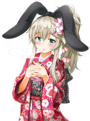 Rule 34 | 10s, 1girl, :o, alternate costume, bad id, bad pixiv id, blonde hair, blush, bow, can, flower, hair bow, hair flower, hair ornament, hairband, high ponytail, interlocked fingers, japanese clothes, kantai collection, kimono, looking at viewer, obi, sash, shimakaze (kancolle), simple background, solo, tatenayua, upper body, white background