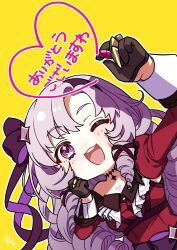 Rule 34 | 1girl, ;d, asazuke25, black gloves, crayon, dress, drill hair, gloves, half gloves, headband, heart, highres, hyakumantenbara salome, hyakumantenbara salome (1st costume), juliet sleeves, long sleeves, nijisanji, one eye closed, open mouth, puffy sleeves, purple eyes, purple hair, red dress, simple background, smile, solo, virtual youtuber, wrist cuffs, yellow background