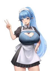 Rule 34 | 1girl, apron, black dress, blue eyes, blue hair, blue shirt, bra visible through clothes, breasts, cleavage, cleavage cutout, clothing cutout, commission, cowboy shot, dress, hand on own hip, hand up, heart cutout, highres, huge breasts, long hair, looking at viewer, maid, maid apron, maid headdress, open mouth, original, pleated dress, pointy ears, ponytail, ribbed shirt, see-through, shirt, short sleeves, sidelocks, simple background, smile, solo, standing, taut clothes, taut shirt, ttalkkak, v, very long hair, waist apron, white background, wing collar