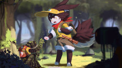 Rule 34 | 1boy, animal ears, fang, furry, furry male, hat, looking at another, open mouth, original, tail, telescope, tree, waterkuma, yellow eyes, yellow hat