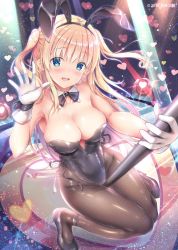 Rule 34 | 1girl, animal ears, artist name, black bow, black bowtie, black footwear, black leotard, blonde hair, blue eyes, bow, bowtie, breasts, brown pantyhose, cleavage, dated, detached collar, fake animal ears, fishnet pantyhose, fishnets, gloves, heart, high heels, highres, large breasts, leotard, looking at viewer, original, pantyhose, perspective, playboy bunny, pole, rabbit ears, rabbit tail, shirakawako, smile, solo, spotlight, strapless, strapless leotard, stripper pole, tail, two side up, waving, white gloves, wrist cuffs