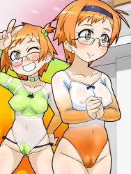 Rule 34 | 10s, 2girls, blush, breasts, brown eyes, cameltoe, censored, choker, cleavage, cleft of venus, covered clitoris, covered erect nipples, covered navel, double typhoon, glasses, gymnast leotard, hairband, highleg, highleg leotard, leotard, medium breasts, mosaic censoring, multiple girls, nipples, one eye closed, orange hair, original, own hands clasped, peace symbol, pointless censoring, see-through, see-through leotard, smile, wink