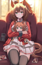 Rule 34 | 1girl, animal ears, aston machan (umamusume), blurry, blurry background, breasts, brown hair, character doll, commentary request, couch, flute, green eyes, guram, highres, horse ears, horse girl, horse tail, instrument, looking at viewer, medium breasts, photo (object), recorder, sitting, smile, solo, tail, thighhighs, umamusume