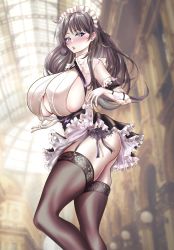 Rule 34 | 1girl, ass, azur lane, black dress, blush, breasts, brown hair, brown thighhighs, charybdis (azur lane), clothing cutout, dress, elbow gloves, feet out of frame, from side, garter straps, gloves, grey eyes, highres, huge breasts, lace, lace-trimmed legwear, lace trim, layered dress, long hair, maid, maid headdress, microdress, photo background, pulled by self, shirt, sideways glance, sleeveless, sleeveless shirt, solo, standing, studiopokotan, thighhighs, underboob, underboob cutout, white gloves