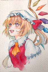 Rule 34 | 1girl, ascot, blonde hair, bow, flandre scarlet, hat, hat bow, highres, mob cap, open mouth, painting (medium), puffy short sleeves, puffy sleeves, red bow, red eyes, selenium, short sleeves, simple background, solo, touhou, traditional media, watercolor (medium), white background, white hat, yellow ascot