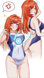 Rule 34 | 1girl, absurdres, anger vein, blue eyes, blue one-piece swimsuit, colored inner hair, commentary, covered navel, cruzvu, english commentary, highres, holding, holding toy, honkai (series), honkai impact 3rd, long hair, multicolored hair, multiple views, one-piece swimsuit, one eye closed, orange hair, pink pupils, red hair, senadina (honkai impact), simple background, spoken anger vein, swimsuit, tongue, tongue out, toy, two-tone hair, two-tone one-piece swimsuit, white background, white one-piece swimsuit, yo-yo