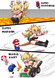 Rule 34 | &gt; &lt;, 1girl, 2boys, anklet, armlet, armpits, arms up, axe, blonde hair, blush, bowser logo, bowsette, bracelet, breasts, brooch, collar, commentary request, crown, earrings, facial hair, falling, go-kart, highres, horns, jewelry, jumping, konno tohiro, large breasts, leotard, long hair, mario, mario (series), mario kart, lava, multiple boys, mustache, new super mario bros. u deluxe, nintendo, open mouth, overalls, parody, ponytail, sharp teeth, spiked bracelet, spiked collar, spiked shell, spikes, super crown, super mario 64, super mario bros. 1, swinging, tail, tail grab, tears, teeth, thighhighs, toad (mario), turtle shell, wrist cuffs