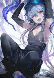Rule 34 | 1boy, absurdres, arknights, arm up, armpits, black arm warmers, black pants, black tank top, blue hair, blue hat, commentary, crossed legs, full body, gradient hair, hat, highres, indian style, infection monitor (arknights), long hair, looking at viewer, male focus, mizuki (arknights), mmlyno, multicolored hair, one eye closed, open mouth, pants, pink eyes, pink hair, simple background, sitting, solo, tank top, teeth, tentacles, tongue, upper teeth only, v-neck, white background