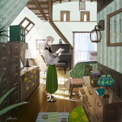 Rule 34 | 1girl, artist name, bed, blanket, blonde hair, blue eyes, book, bookshelf, carpet, ceiling, chair, clock, closet, drawing (object), green skirt, hair ornament, hairclip, highres, holding, holding book, illumi999, indoors, instrument, key, lamp, light blush, medium hair, open drawer, original, painting (object), pale skin, piano, pillow, plant, reading, signature, skirt, solo, standing, sunlight, upright piano, window, wooden chair, wooden floor