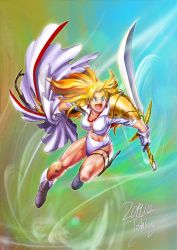 Rule 34 | 1girl, armor, artist name, blonde hair, blue eyes, breasts, cleavage, cloak, earrings, gloves, golden axe, golden axe: the duel, high collar, jewelry, knife, large breasts, long hair, midriff, milan flare, muscular, muscular female, necklace, sega, shoulder armor, smile, sugippon, sword, thick thighs, thigh strap, thighs, toned, weapon