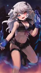 Rule 34 | 1girl, black gloves, blue eyes, breasts, character request, commission, copyright request, earrings, fangs, fingerless gloves, gloves, grey hair, heterochromia, highres, horns, jewelry, large breasts, long hair, looking at viewer, melaton, navel, night, pointy ears, red eyes, skeb commission, smile, solo