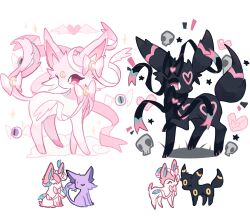 bad_tag black_bow black_fur black_ribbon bow charamells closed_eyes commentary creatures_(company) crescent crescent_facial_mark espeon eyeball facial_mark forehead_mark fusion game_freak gen_2_pokemon gen_6_pokemon heart heart_facial_mark highres looking_back nintendo no_humans on_cloud pink_bow pink_eyes pink_fur pink_ribbon pink_theme pink_wings pokemon pokemon_(creature) ribbon simple_background skull sparkle standing standing_on_three_legs star_(symbol) sylveon toes umbreon white_background winged_heart wings