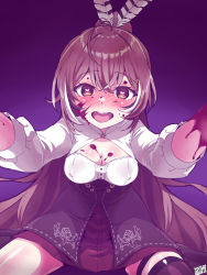 Rule 34 | ahoge, asymmetrical legwear, blood, blood on arm, blood on clothes, blood on face, blood splatter, brown corset, brown eyes, brown hair, cleavage cutout, clothing cutout, corset, feather hair ornament, feathers, hair ornament, hairclip, heart, heart-shaped pupils, highres, hololive, hololive english, long hair, looking at viewer, multicolored hair, nanashi mumei, pleated skirt, ponytail, red skirt, shirt, single thighhigh, skirt, smile, streaked hair, symbol-shaped pupils, teeth, thigh strap, thighhighs, uguisu (happy turn), upper teeth only, very long hair, virtual youtuber, white shirt, yandere