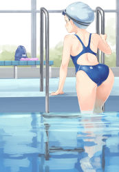 Rule 34 | 1girl, arm support, ass, back, back cutout, blue one-piece swimsuit, blush, clothing cutout, competition swimsuit, eichisu, from behind, goggles, goggles on head, indoors, one-piece swimsuit, original, pool, pool ladder, profile, solo, swim cap, swimsuit, wading, water