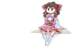 Rule 34 | 2girls, ahoge, barefoot, bow, brown hair, chamaji, commentary request, detached sleeves, frilled bow, frills, hair bow, hair intakes, hair tubes, hakurei reimu, highres, japanese clothes, kimono, long sleeves, medium hair, miko, mini person, minigirl, multiple girls, nontraditional miko, playing with another&#039;s hair, purple hair, red bow, ribbon-trimmed sleeves, ribbon trim, sash, sidelocks, sitting, sitting on lap, sitting on person, socks, sukuna shinmyoumaru, tabi, touhou, white legwear, wide sleeves
